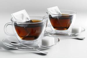 Two Glass Cups Of Tea With Sugar Cubes And Tea Bags photo
