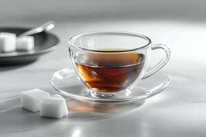 A Glass Cup of Tea with Sugar Cubes Nearby photo