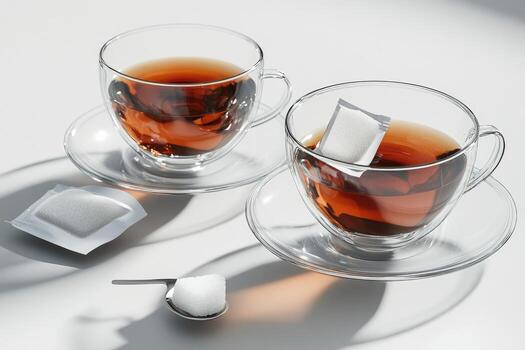 Two Cups of Tea with Sugar Packets and Spoon photo