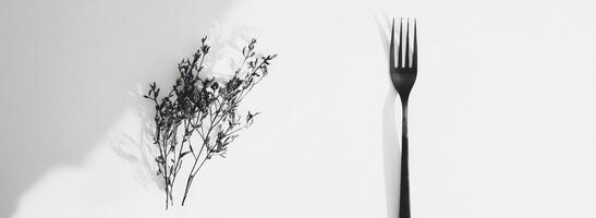 Dried Flowers and Black Fork on White Background photo