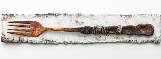 Rustic Fork Sculpture on Weathered Background photo
