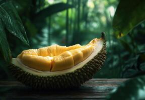 Durian fruit open showing creamy yellow flesh photo