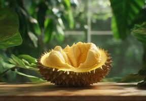 Durian fruit opened revealing its creamy yellow flesh photo