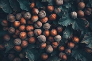Hazelnuts nestled amongst autumn leaves a harvest bounty photo