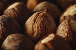 Close up of many brown hazelnut shells photo