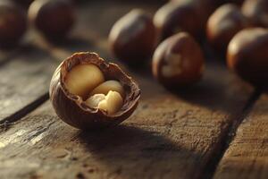 Macadamia Nuts Open Shell Showing Kernels On Wood photo