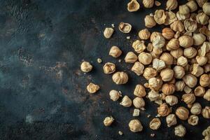 Dried Hazelnuts Scattered On Dark Surface photo
