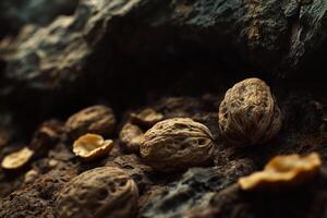 Walnuts on Dark Ground Amidst Cracked Rock photo