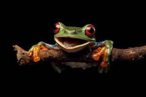 Red eyed tree frog on a branch smiling brightly photo