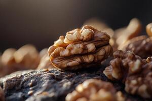 Walnuts resting on a dark textured surface photo