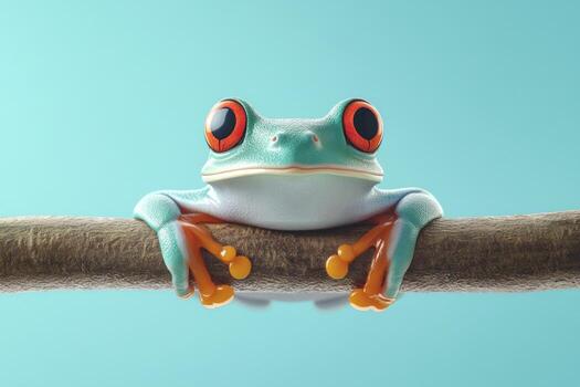 Red eyed tree frog perched on a branch against a blue background photo