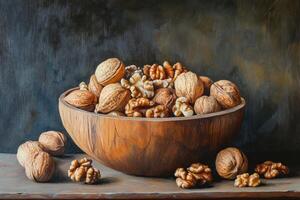 Wooden Bowl Filled With Walnuts Still Life Painting photo