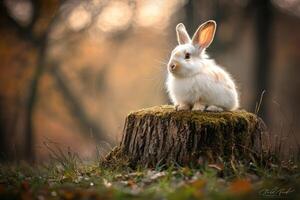 Fluffy White Rabbit Sitting On A Mossy Tree Stump photo