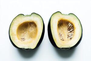 Two Halved Acorn Squash Showcasing Seeds and Pulp photo