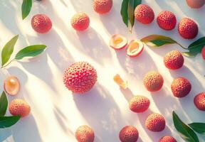 Fresh Lychees Arranged With Green Leaves In Sunlight photo