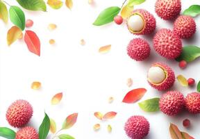 Lychees and autumn leaves arranged artistically on white background photo