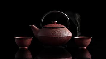 Red Cast Iron Teapot with Two Cups Steaming photo