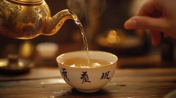 Golden Teapot Pouring Tea Into Elegant Bowl photo
