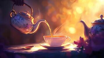 Golden Hour Tea Pouring Floral Teapots photo