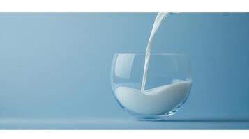Milk pouring into a clear glass bowl on blue background photo