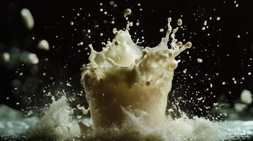 A splash of milk is falling into a glass photo