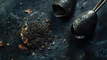 Loose leaf tea spills near metal tea infusers photo