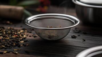 Metal Tea Infuser with Loose Leaf Tea on Wood photo