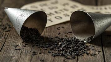 Loose leaf tea spills from metal cones onto wood photo