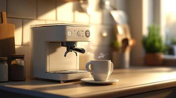 A coffee maker and cup on a counter photo