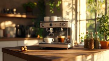 Espresso Machine Brewing Coffee In Sunny Kitchen photo