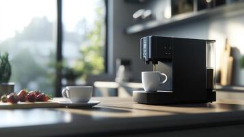 Modern coffee machine brewing coffee into a cup photo