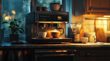 Espresso Machine Brewing Coffee In A Cozy Kitchen photo