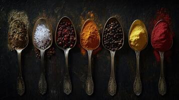Seven Spoons of Spices Arranged on Dark Surface photo