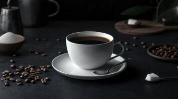 A white cup of black coffee with sugar and beans photo