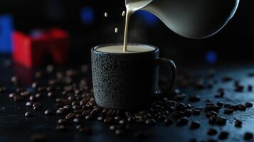 Creamy Milk Pours Into Dark Mug Coffee Beans photo