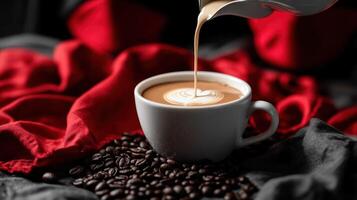 Latte art creation pouring milk into coffee cup photo