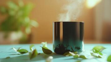 Steaming Hot Beverage in Black Mug with Leaves photo