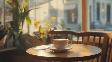 Sunlit Latte Art Coffee In Cozy Cafe Setting photo
