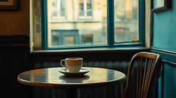 Coffee Cup on Table Near Window in Cafe photo