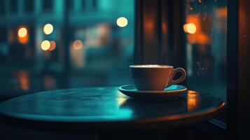 A Cappuccino by the Window at Night photo