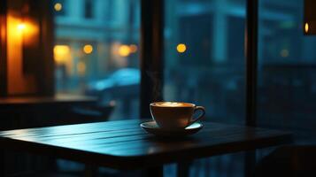 Steaming Latte Art Coffee Cup On Table photo