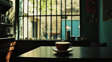A Cappuccino Sits Near A Window In A Coffee Shop photo