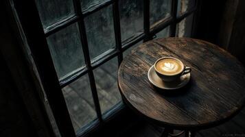 Latte art graces a coffee cup near a window photo