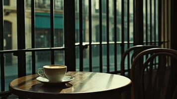 A Cappuccino Coffee Sits By A Window In A Cafe photo