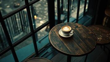 A Latte Coffee Sits On A Small Wooden Table Near A Window photo