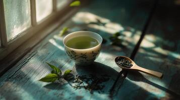 Green Tea in a Delicate Cup Beside Loose Leaves photo