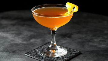 Amber cocktail garnished with a lemon twist in a coupe glass photo