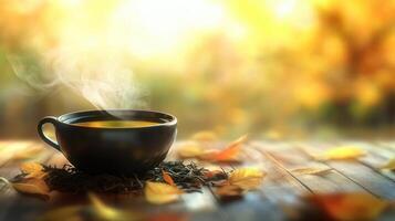 Steaming Autumn Tea In Dark Cup On Wooden Table photo