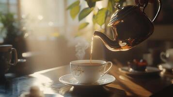 Golden Teapot Pouring Tea Into Delicate Cup photo