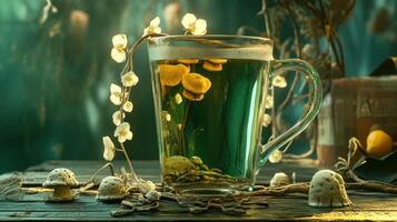 Glass of Herbal Tea with Flowers and Mushrooms photo